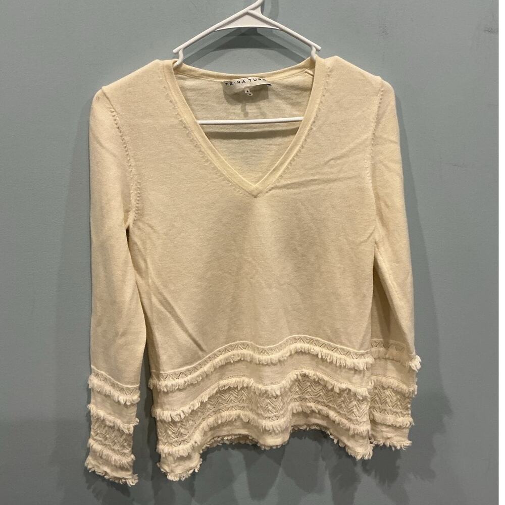 Trina Turk Womens V-Neck Merino Wool Sweater Off White Fringe Boho Beach Fall